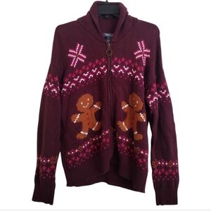 ModCloth Burgundy Zip up Gingerbread Holiday Sweater Size Large